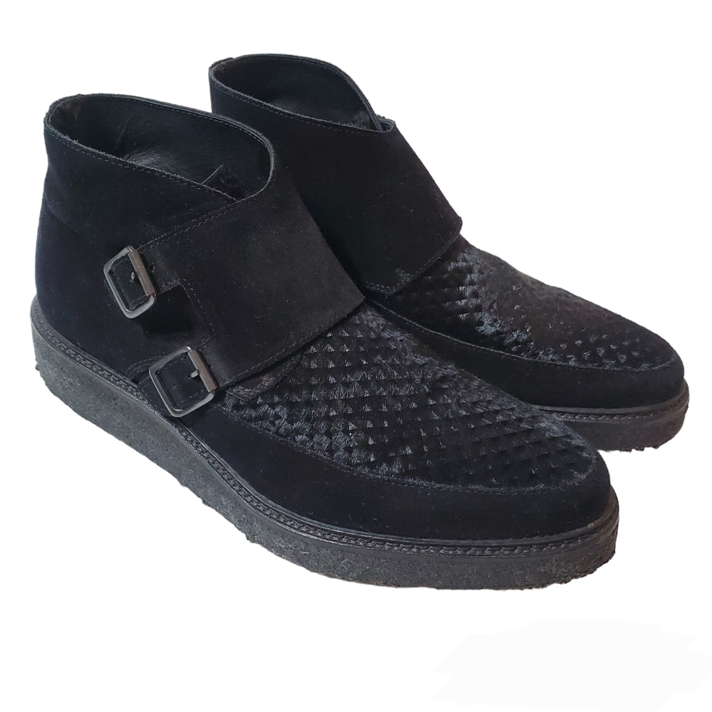 All Saints Mens Black Boot Double Monk Crepe Sole Leather Suede Hair EU …